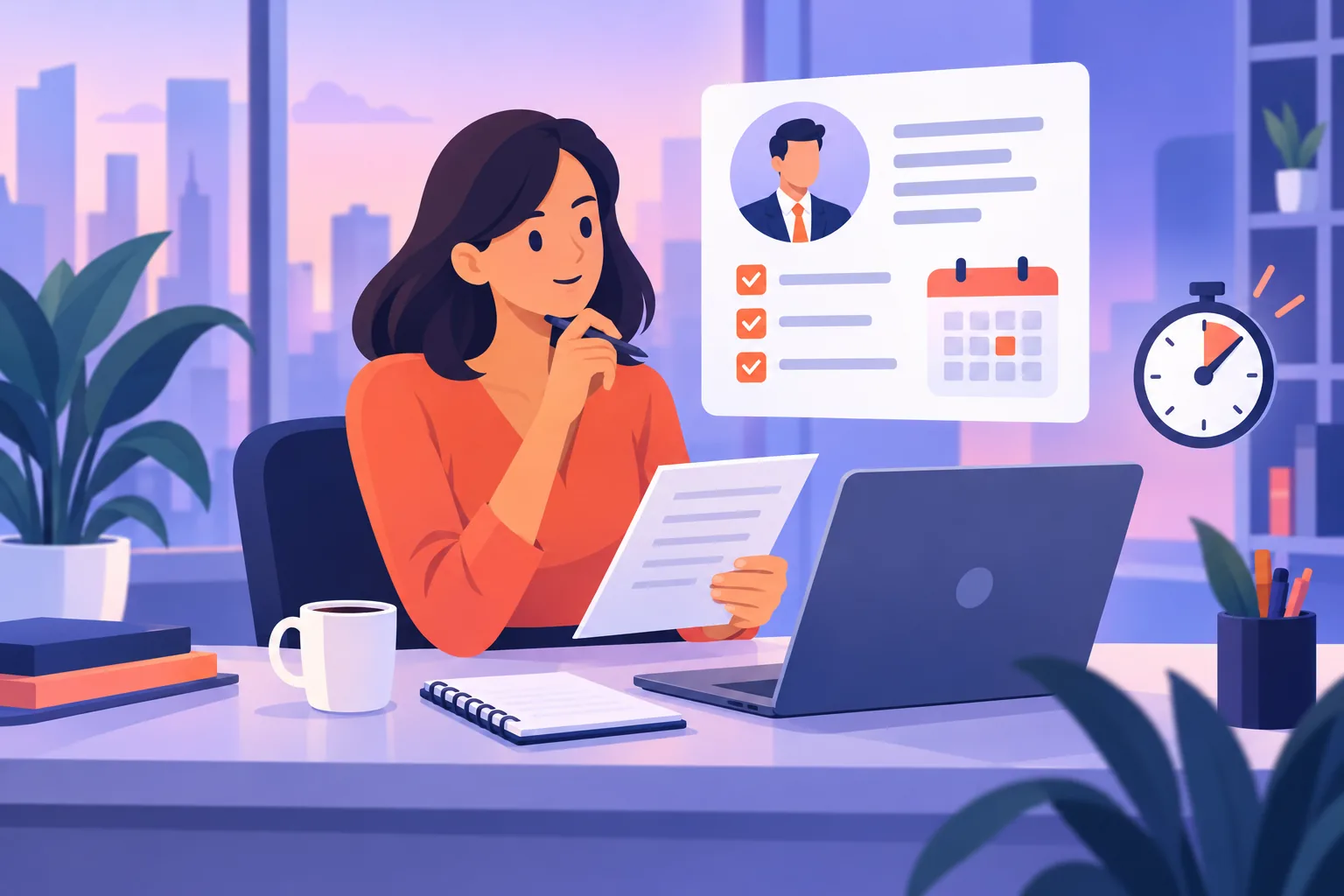 Illustration d'une commerciale qui prépare un rendez-vous client en quelques minutes avec un brief, une checklist et un agenda