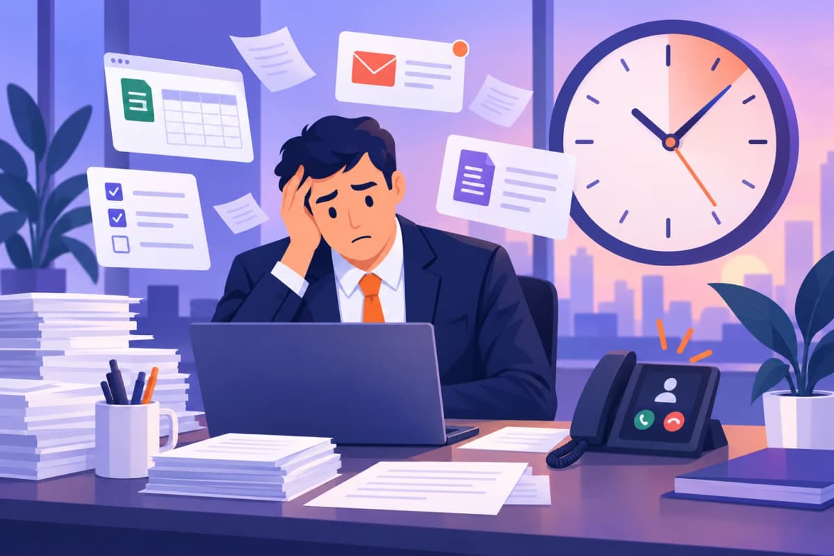 Illustration of a salesman buried under admin tasks while a clock shows time slipping away and a client call waits